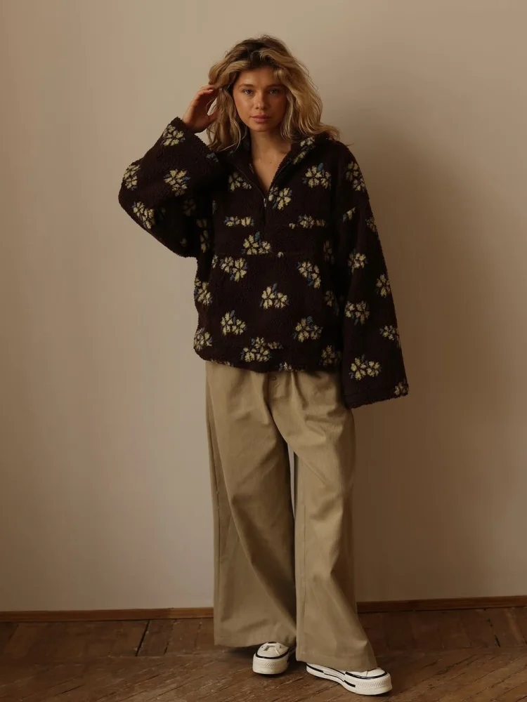 Wmstar Pullovers Women Winter  Clothes New Fashion Faux Lambskin Printed Loose Zipper Hoodie Long Sleeved Top New Style