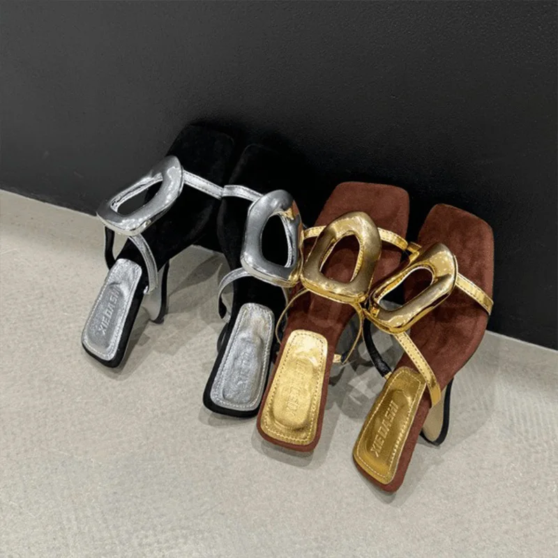 2024 New Gold Slope Heel Women's Slippers Metal Buckle One Word Drag Heels Summer High Heeled Sandals Dress Shoes