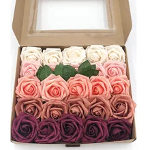 

1 Paper Box 25Pcs with 4Pcs Leaves Artificial Rose Bouquet DIY Wedding Birthday Party Gifts 8cm Roses Wedding Bouquet Decoration