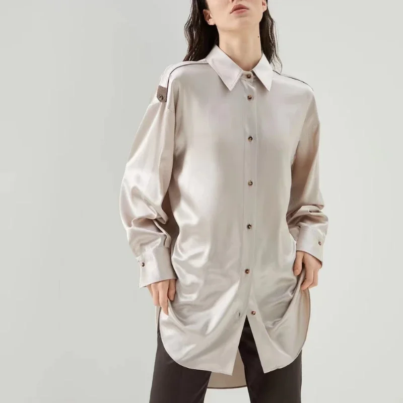 

New Satin Silk Shirt for Women Commuter Beaded Decorative Skin-friendly Drape Top