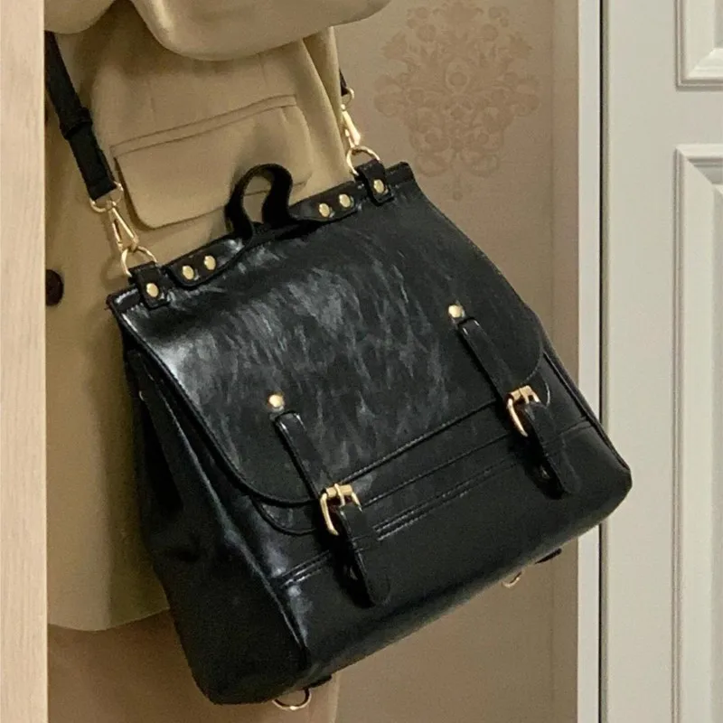 Retro Studded Backpack Women Academy Style Large Capacity Leather Messenger Bag Ladies High End Multi Functional Crossbody Bag