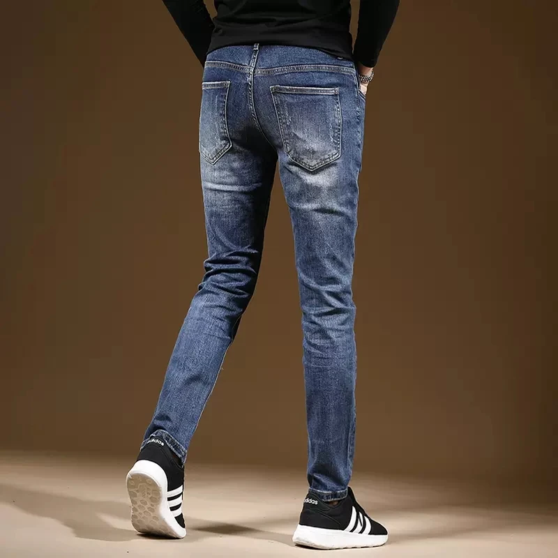 Men Blue Ripped Jeans Autumn Mens Casual Pants Streetwear Fashion Slim Fit Straight Denim Trousers CP1995