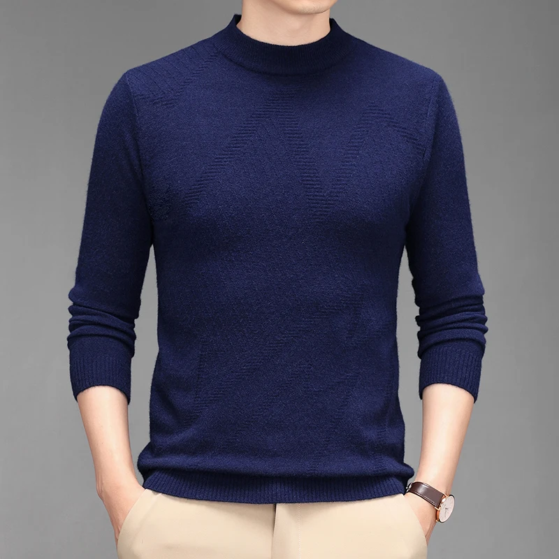 

2023 Men's Imitation Wool Pullover Fashion Simple Casual Sweater Men's Round Neck Half High Neck Solid Color Sweater