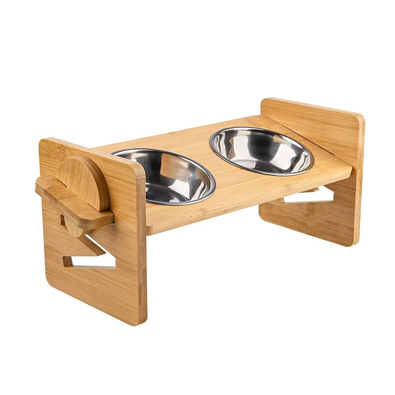 Vantic Elevated Dog Bowls-Adjustable Raised Dog Bowls with Stand for Small Size Dogs and Cats,Durable Bamboo Dog Feeder with 2 Stainless Steel Bowls