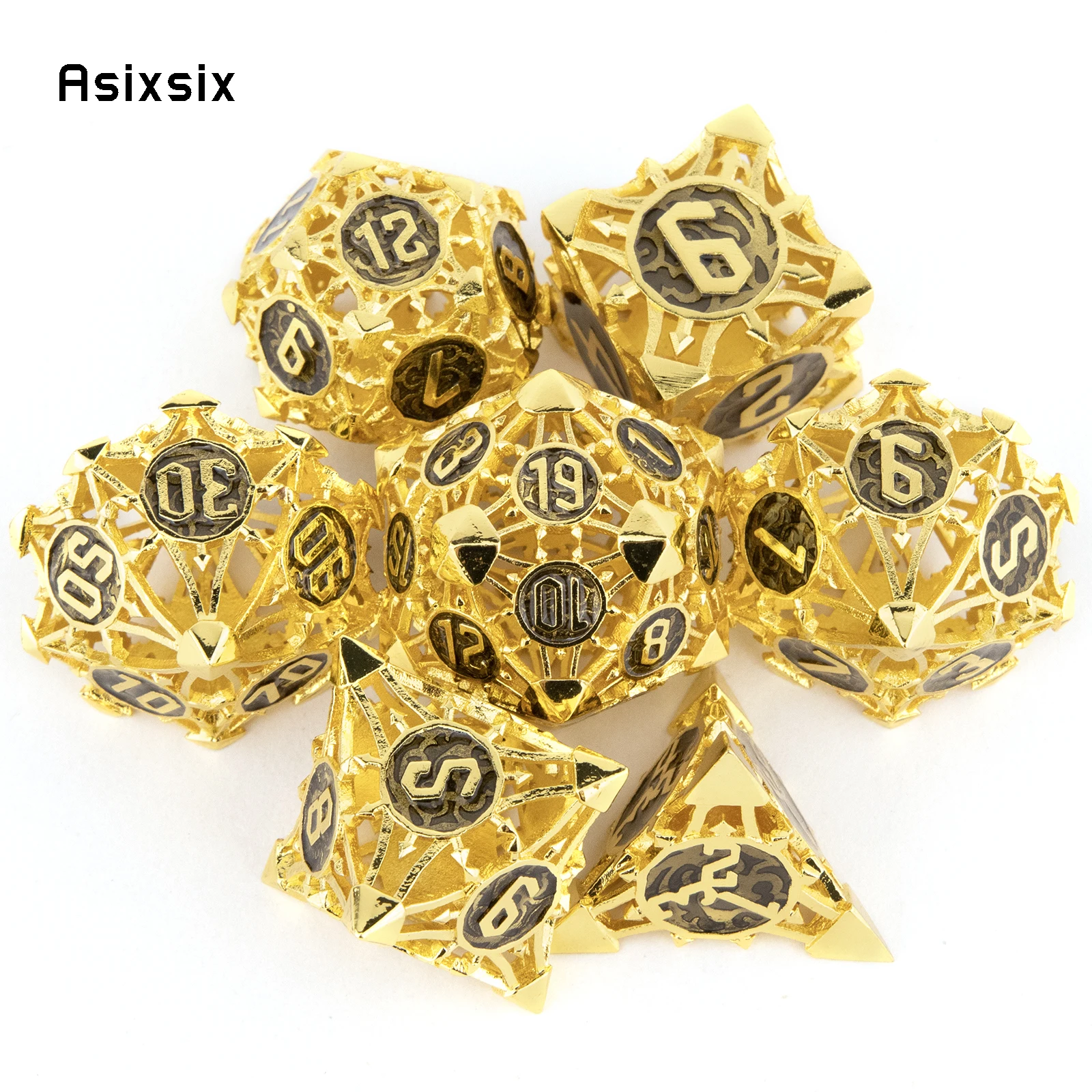 

7 Pcs Yellow Metal Dice Hollow Metal Polyhedral Dice Set Suitable for Role-Playing RPG DND Pathfinder Board Game Card Game