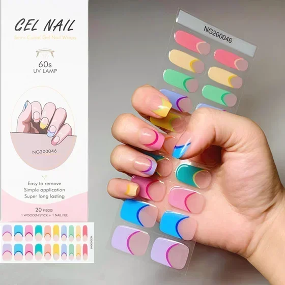 

French Semi-Cured Gel Nail Wraps Color Adhesive Manicure Decor Waterproof Long Lasting Gel Nail Art Stickers Set UV Lamp Need