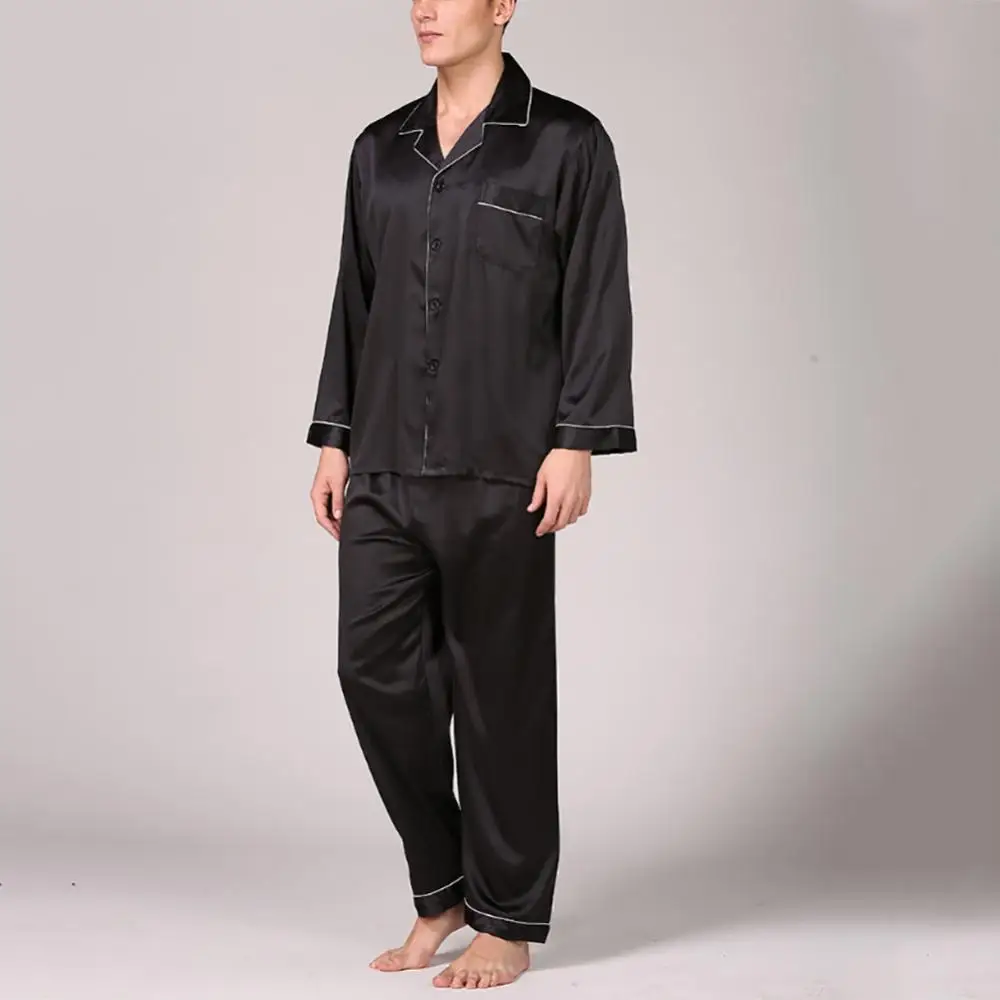 Men Sleepwear Summer Imitation Silk Pajama Set Shirt Pants Home Gown Sleepwear Nightwear