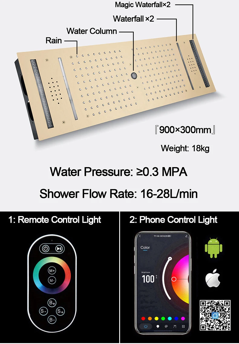 Description Picture 5 of itemQlonn 35*12 Inch Rain Shower Head Set Bathroom 6 Function Shower Faucet Large Flow Concealed Thermostatic Mixer Bath Accessories
