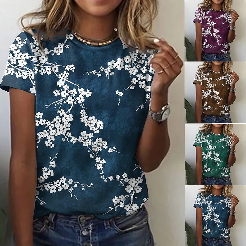 

Women's Crew Neck Basic Top Floral Print Short Sleeve T-Shirt Green Blue Pink/3D Printed Women's Floral Themed Painting T-Shirt