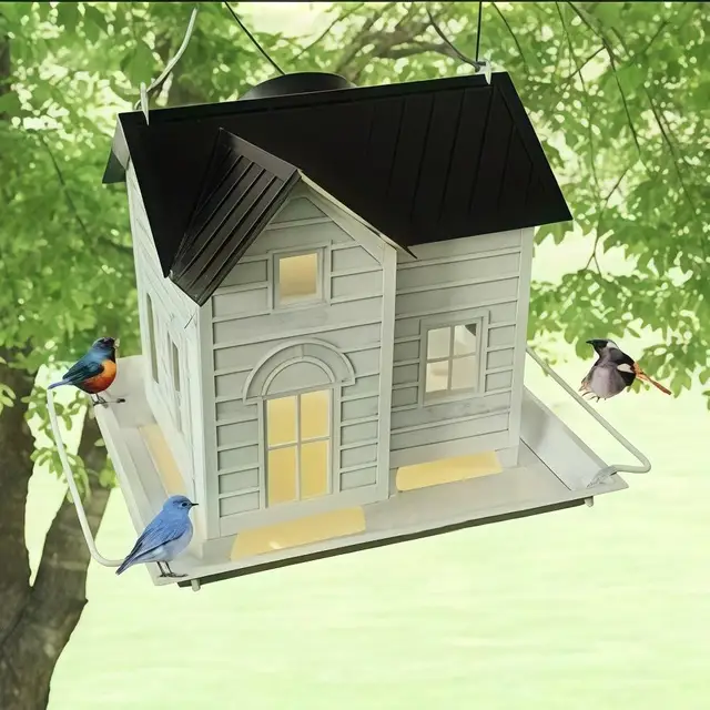 Home Style Bird Feeder Outdoor Swing Solar Bird Feeder Creative House Patio Feeder Outdoor Hanging Decoration 2