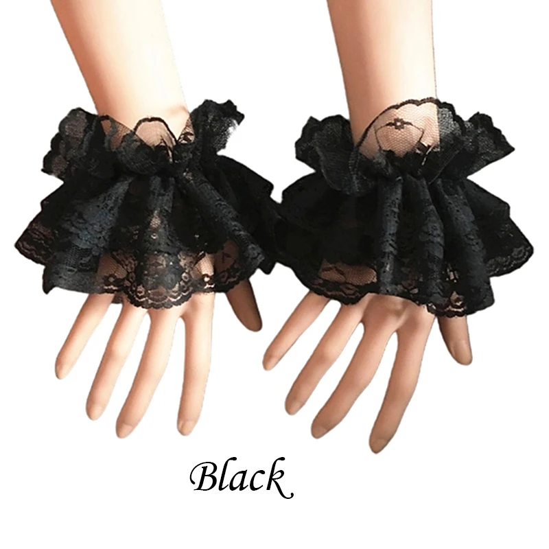 Lolita Hand Sleeve Wrist Cuffs Ruffled Floral Black Lace Elastic Bracelet Elegant Women Girls Wrist Warmers Gloves 2Pcs/Pair wrist cuffs