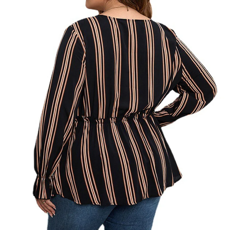 2022 New Plus Size Autumn Commute Women T-Shirt V-Neck Striped Printing Long Sleeve England Loose Black Pullover Tunic Top Trend