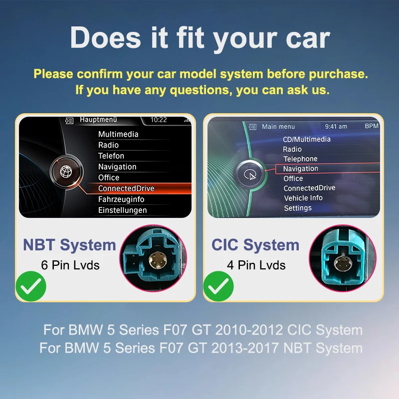 Pantalla táctil inalámbrica BONROAD de 10.25 pulgadas con Carplay Linux y Android Auto Autolink para BMW Serie 5 F07 GT 2010-2017 con sistema CIC/NBT 2