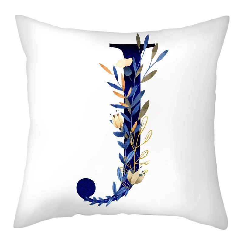 Simple Blue Leaf Alphabet Print Cushion Case 26 Letters Decoration Pillows Case Sofa Chair Livingroom Polyester Throw Pillowcase 