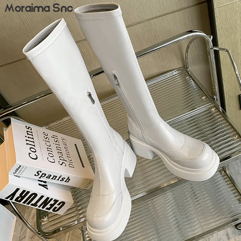 White Platform Elastic Knight Boots Round Toe Thick High Heels Knee High Boots Side Zipper Multi-Color Fashionable Women's Boots