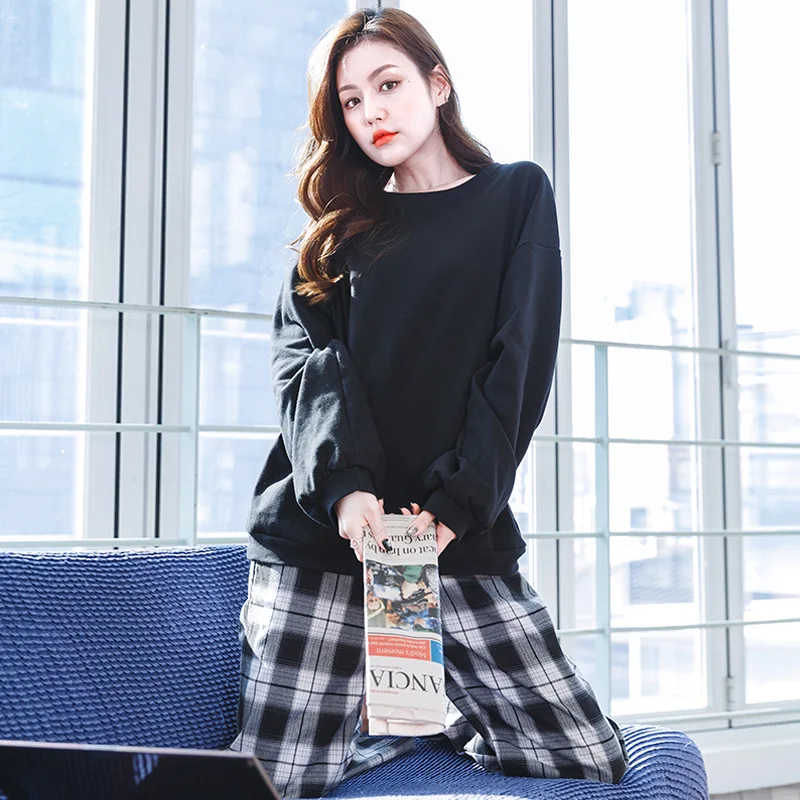 

2022 spring and autumn pure cotton pajamas women's long sleeved trousers home clothes set simple pajamas women can wear outside