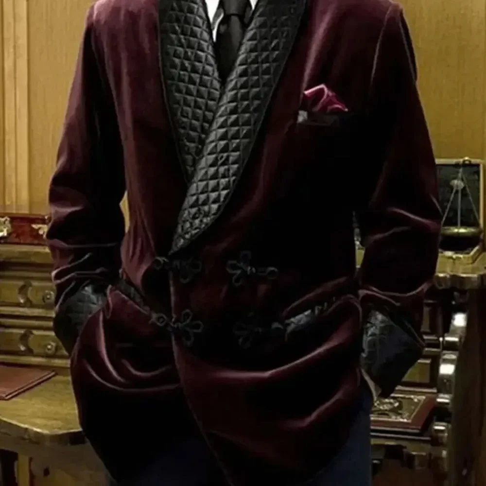 Burgundy Velvet Double Breasted Men Suit One Piece Black Shawl Lapel Design Smoking Jacket Costume Loose Daily Blazer men suits jackets