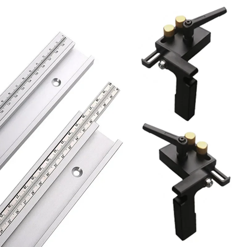 Adjustable Aluminum Alloy T-Track Limiter with Movable Scale for Woodworking Saw Table and Miter Workbench