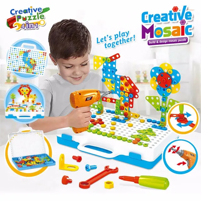 Drilling Screw 3D Creative Mosaic Puzzle Toys For Children Building Bricks Toys Kids DIY Electric Drill Set Boys Educational Toy 1
