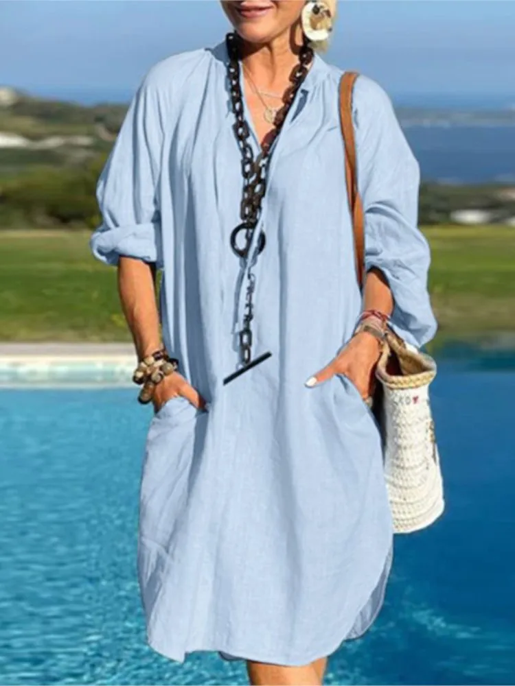 

Solid Color Cotton Linen Mini Dresses Women V-neck Long Sleeve Loose Lady Dress Fashion Vintage Casual Vestidos 2024 Spring New