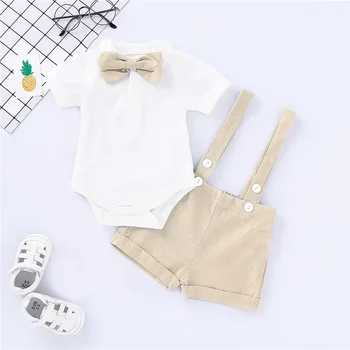 2PCS Summer Newborn Boy Gentlemen Clothes Set Bowtie Short Sleeve Cotton Romper+Suspender Pant Wear for Toddler Boy 0-24 Months 1