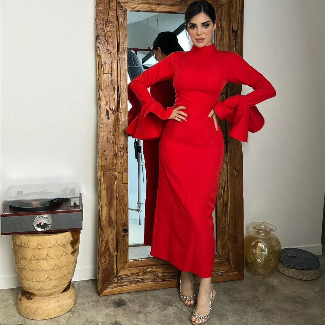 

Elegant Short Red High Neck Evening Dresses Sheath Ruffled Ankle Length فساتين سهرة Prom Formal Dress for Women