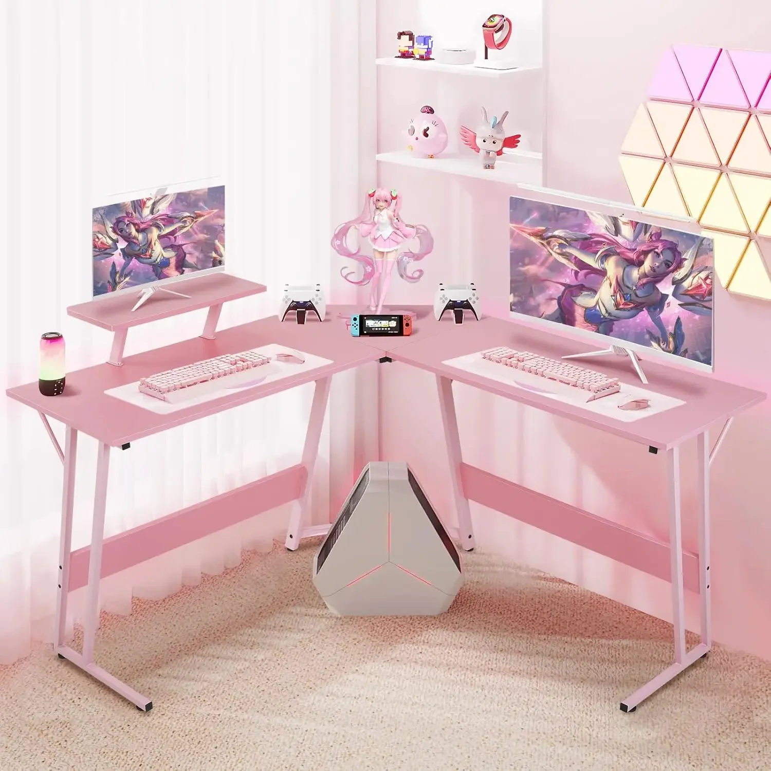 Table with Monitor Stand Corner Desk with MDF Board Surface, Home Office Desk for Girl Women Gift for Gaming Working Study 3