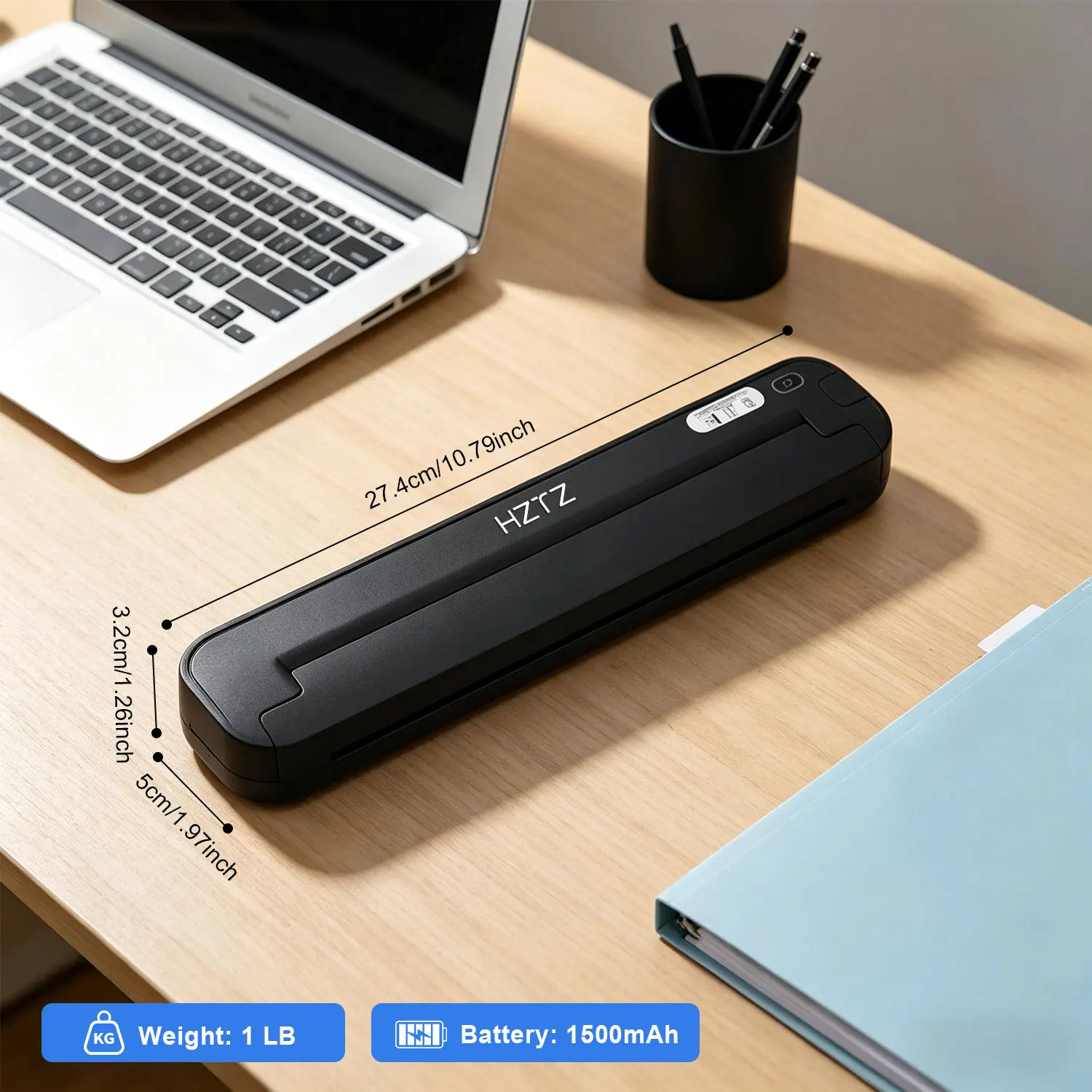 HZTZ 휴대용 감열 프린터, 1500mAh 배터리 & A4 문서용 초소형, 잉크 필요 없음