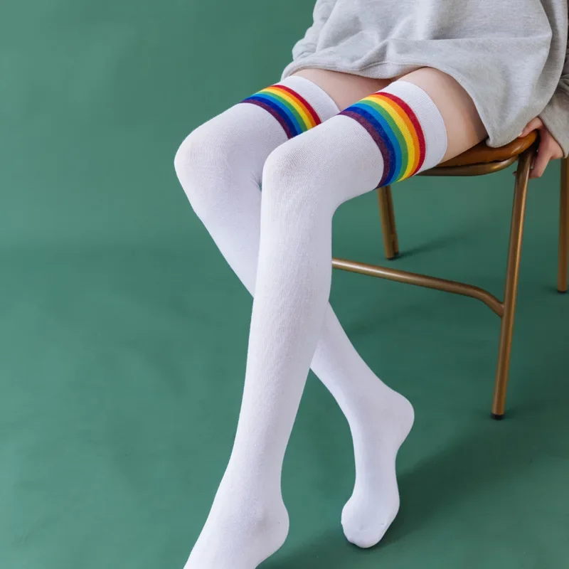 Womens Thigh High Stocking Rainbow Striped Ladies Girls Black