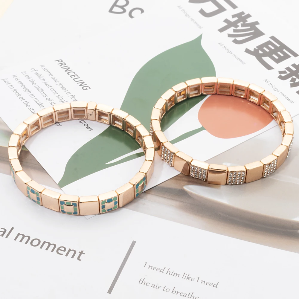 2024 New Fashions Bohemian Enamel Bracelet Gold Color Alloy Muti-Shape Beads Elastic Bangle for Women Jewelry Accessories 3