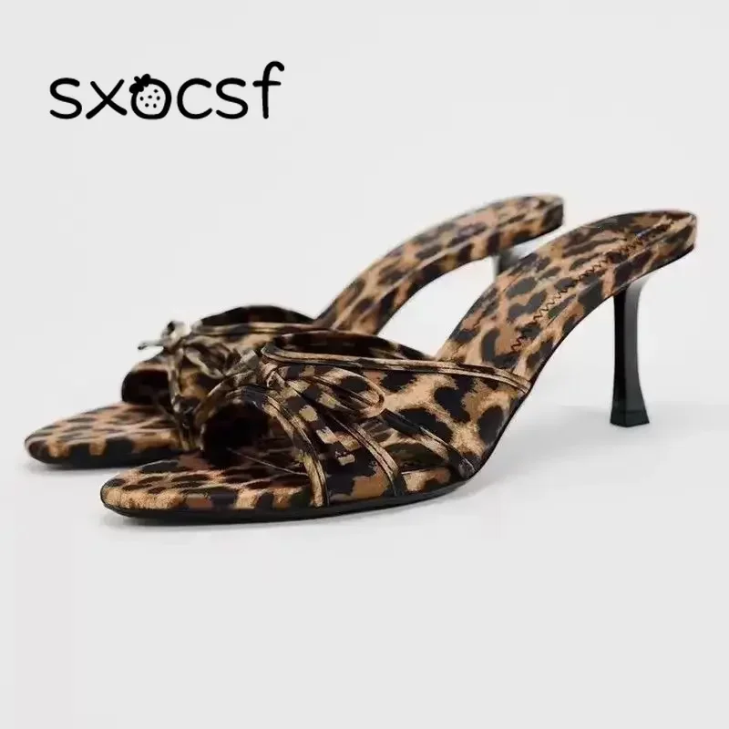 

2024 New European and American High Quality Women Shoes Bow Knot Leopard Print High Heel Slippers Women Slippers