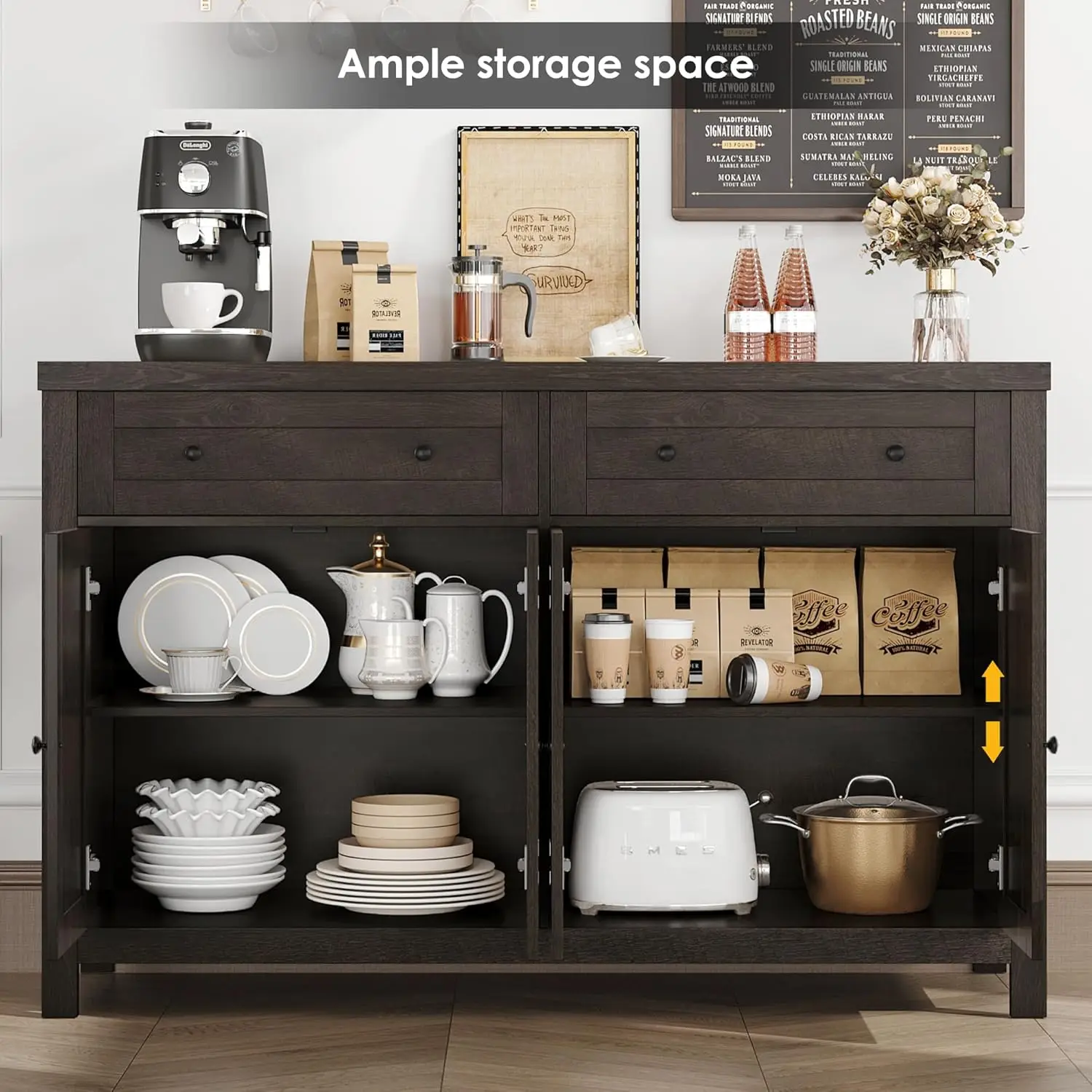 55" Buffet Sideboard Cabinet with Storage, Modern Farmhouse Coffee Bar Cabinet with Drawers and Shelves, Barn Doors Storage 4