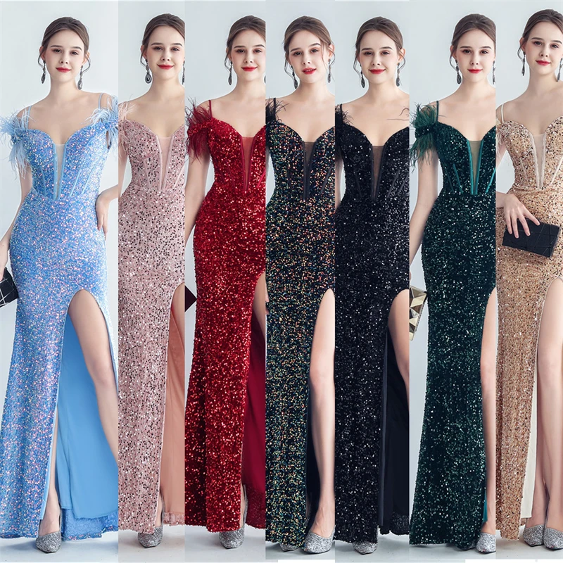 

Платье с открытыми плечами и перьями, вечернее платье-годе с блестками, с разрезом на спине, с завязкой на груди, для девушек знаменитостей