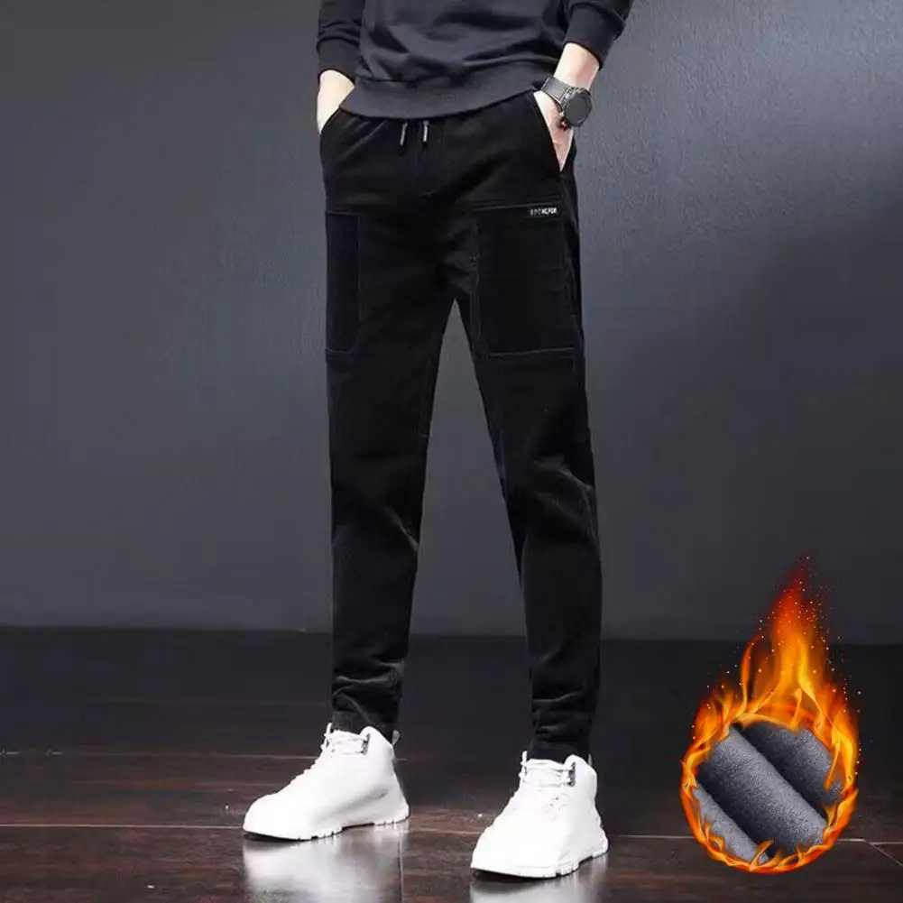 

Men Drawstring Waist Pants Straight Fit Harem Pants Men's Corduroy Winter Pants with Fleece Lining Elastic Waist for Autumn