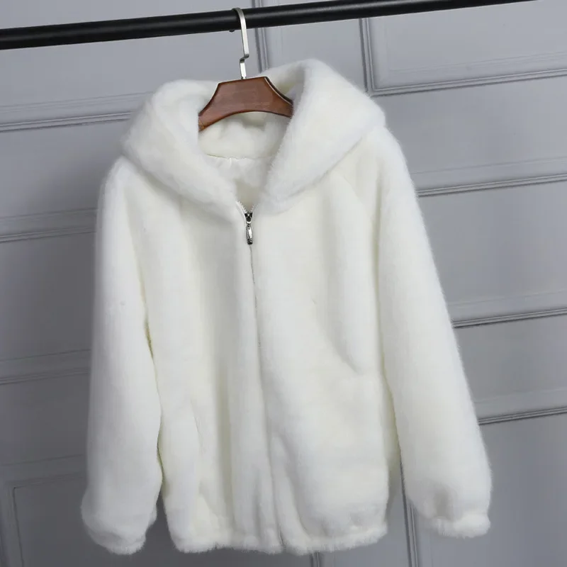 2022 Women's Jacket White Grey Pink Rabbit Imitation Fur Outcoat Winter Grass Mink Faux Fur Coat Lady Artificial Fur Hooded Soft