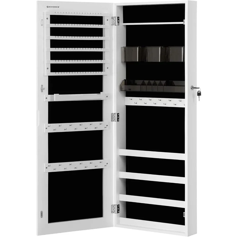 

Jewelry Cabinet Armoire, Lockable Wall-Mounted Organizer Unit with 2 Plastic Cosmetic Storage Trays,