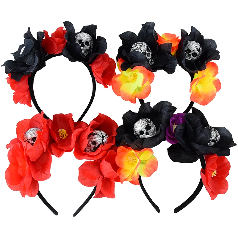 Halloween Rose Stirnband Schädel Haarband schwarze Blume Krone Tag der toten Kopf bedeckung Gothic Kostüm Zubehör Halloween Dekor – Detail 2
