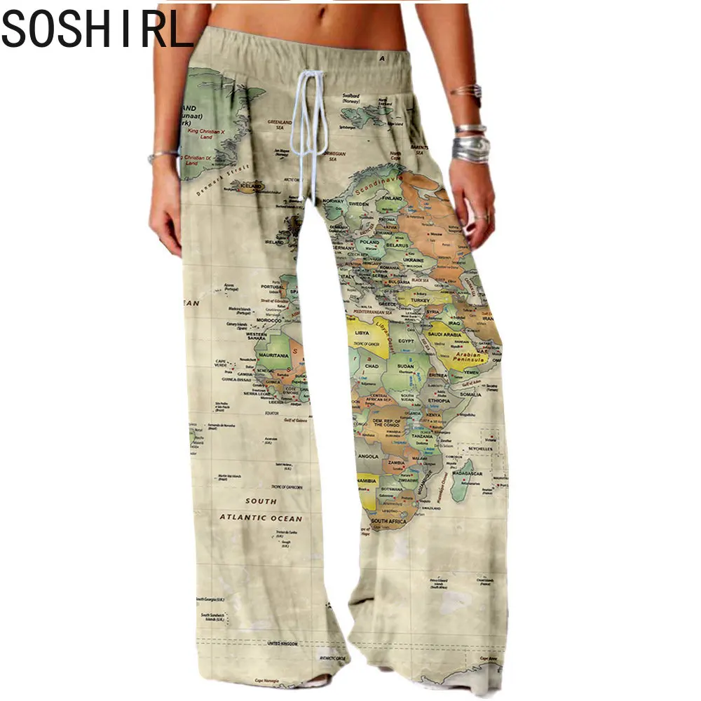 Flag Map Wide Leg Pants Printed Full Length Thin Style Hipster Fashion Trousers Summer Korean Streetwear Women Clothing houzhou harajuku red plaid pants women gothic streetwear checked trousers 2021 korean fashion oversize wide leg sweatpants