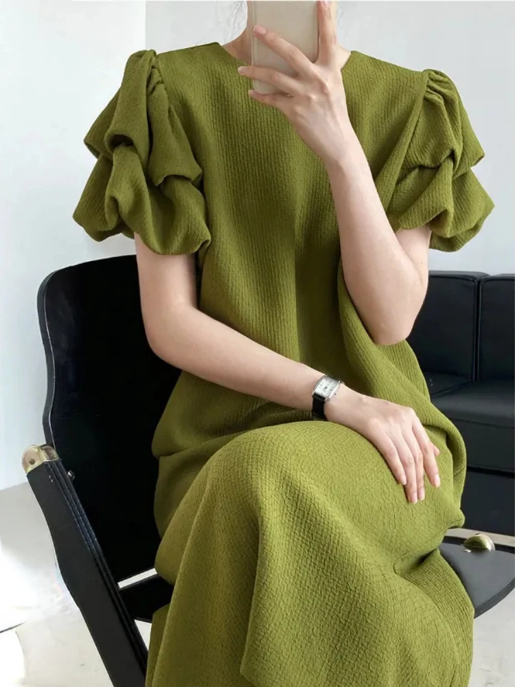 

2023 New Bubble Sleeve Green Straight Dress Women's Summer Sexy Elegant Crewneck Mid-length Slim Premium Loose Pencil Dres