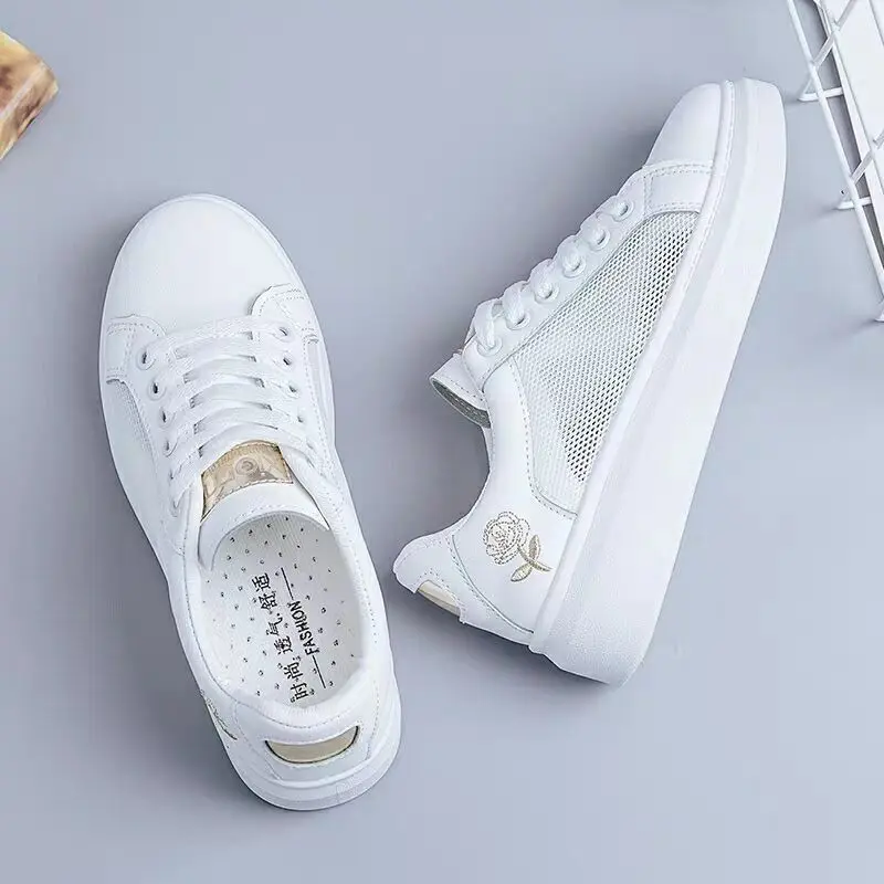 2022 New Fashion Spring Ladies White Casual Sneakers Women Breathable  Flower Lace-Up Flats