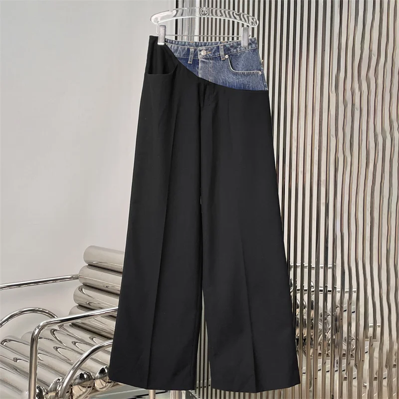 Women's pants New color blocking spliced straight leg pants for winter 2025 Asymmetric high waisted slim fit pants y2k trousers
