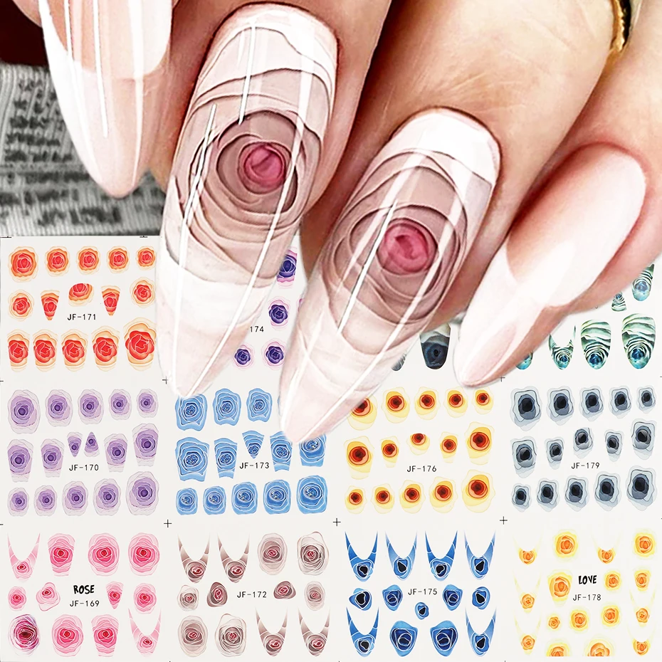 Valentine's Day Rose Nail Stickers Full Cover French Blooming Flower Sliders For Nails Water Decals Decora Manicure LEJF169-180