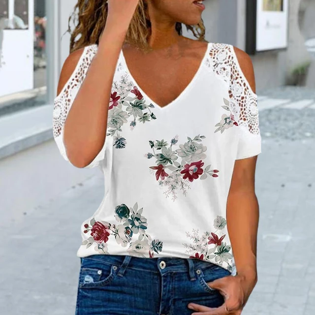 Women V-Neck Flower Print Breathable Summer Loose T-shirt Lace