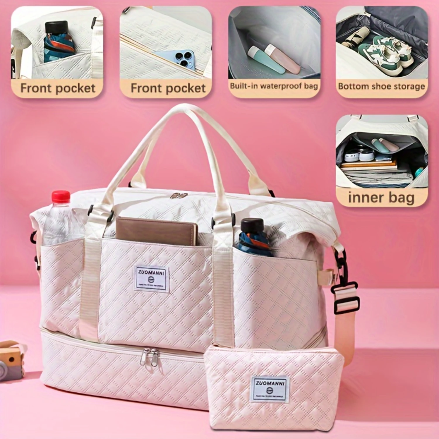 2PCS Argyle Pattern Duffle Bag & Cosmetic Case Set-Spacious Gym Bag with Shoe Compartment, Ultra-Portable Travel Luggage featu