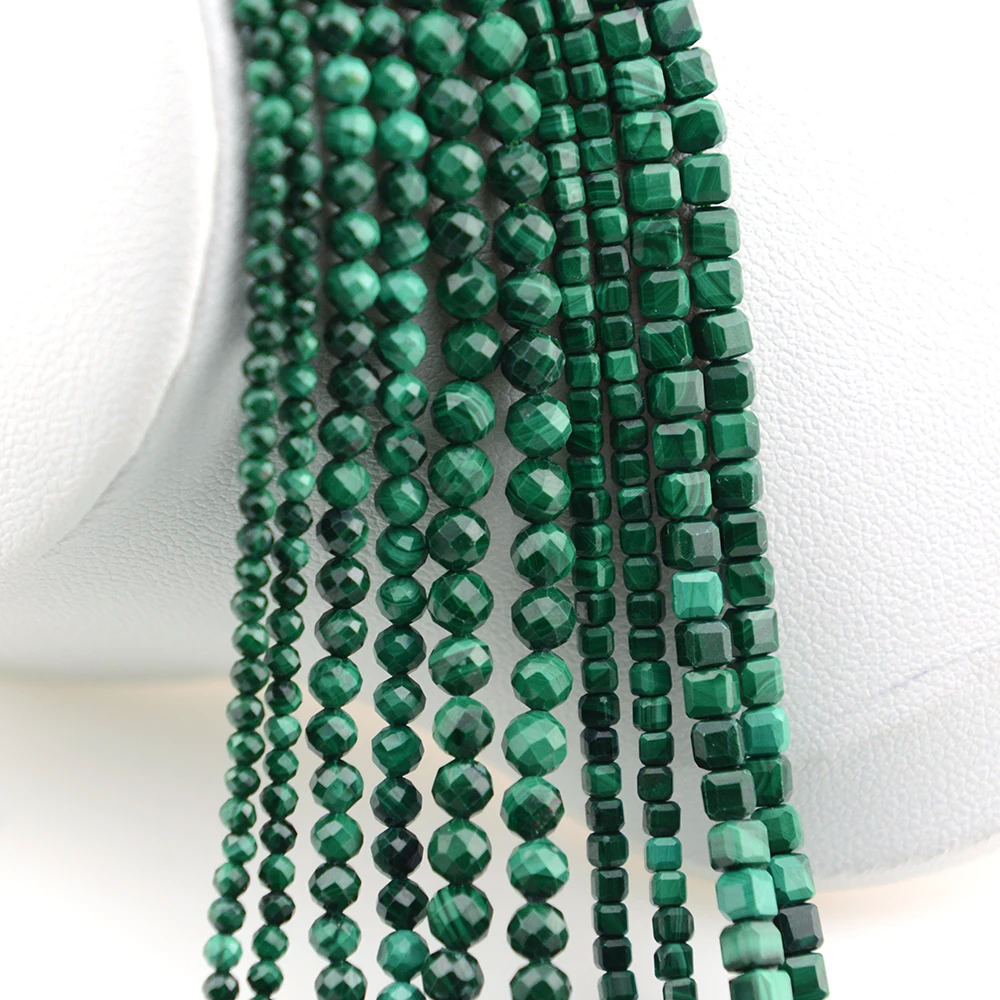 Natural Malachite Faceted Round / Cube Beads 2mm,3mm,4mm，Fine Jewelry Making 2