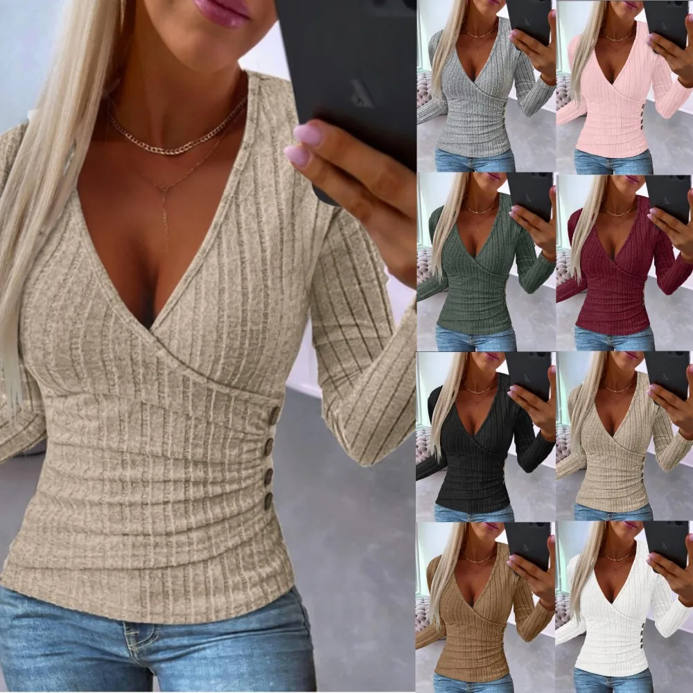Autumn Women Knitted Pullover V Neck Long Sleeve Top