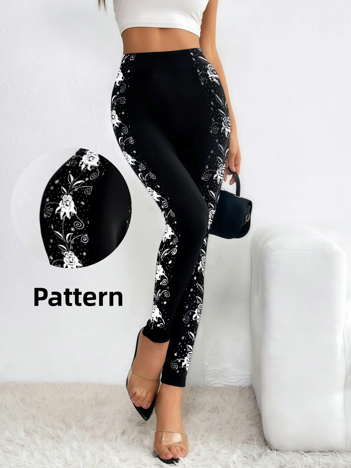 1PC Women's Side Hot Silver Rose Print Fashion Shiny Sparkling Tight Leggings/Pantyhose - Everyday Casual Party Club Wear 3