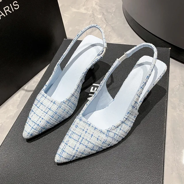 Sandales à talons hauts pointus bleu sel de mer pour femmes, chaussures simples à demi-tête creuse au dos, chaussures décontractées polyvalentes à la mode 1