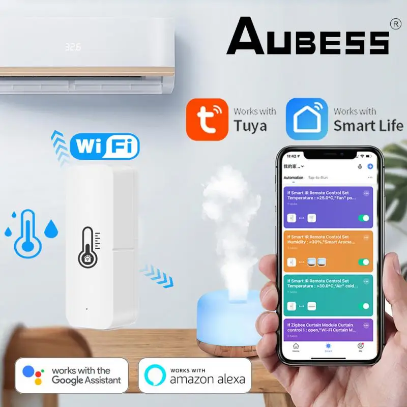 Aubess Wifi Tuya Temperature And Humidity Sensor Building Automation Smart Home Device Works