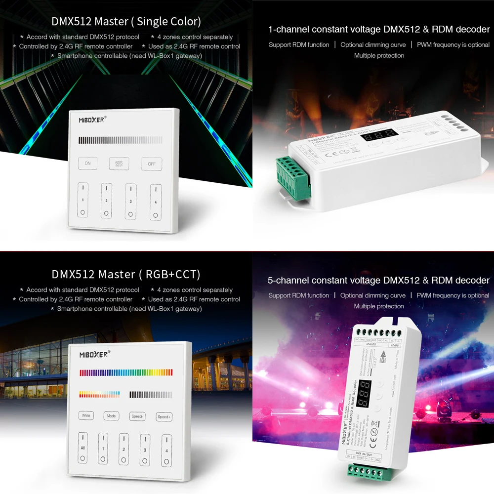 Miboxer Touch Panel Dmx512 Master Single Color/Cct/Rgb/Rgbw/Rgb + Cct Light Switch 2.4G Remote,1/2/3/4/5 Ch Dmx512 E Rdm Decoder